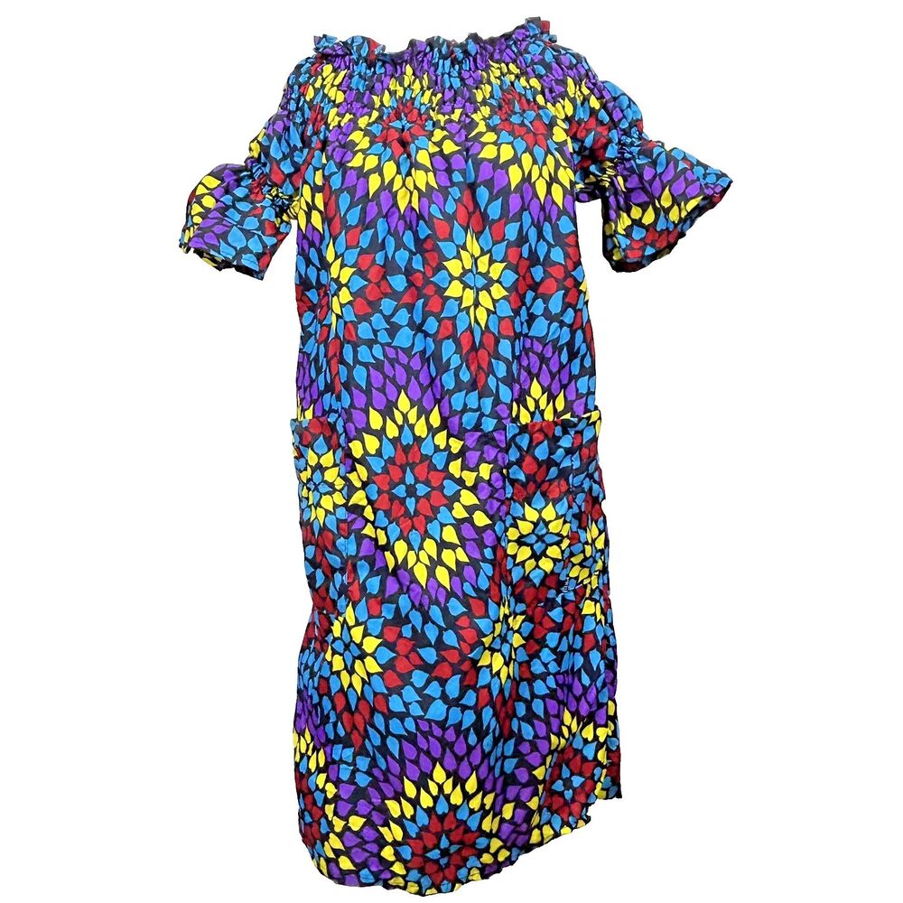 Handmade African Wax Print Ankara Shift Dress One Size Multicolor Smocked Pocket
